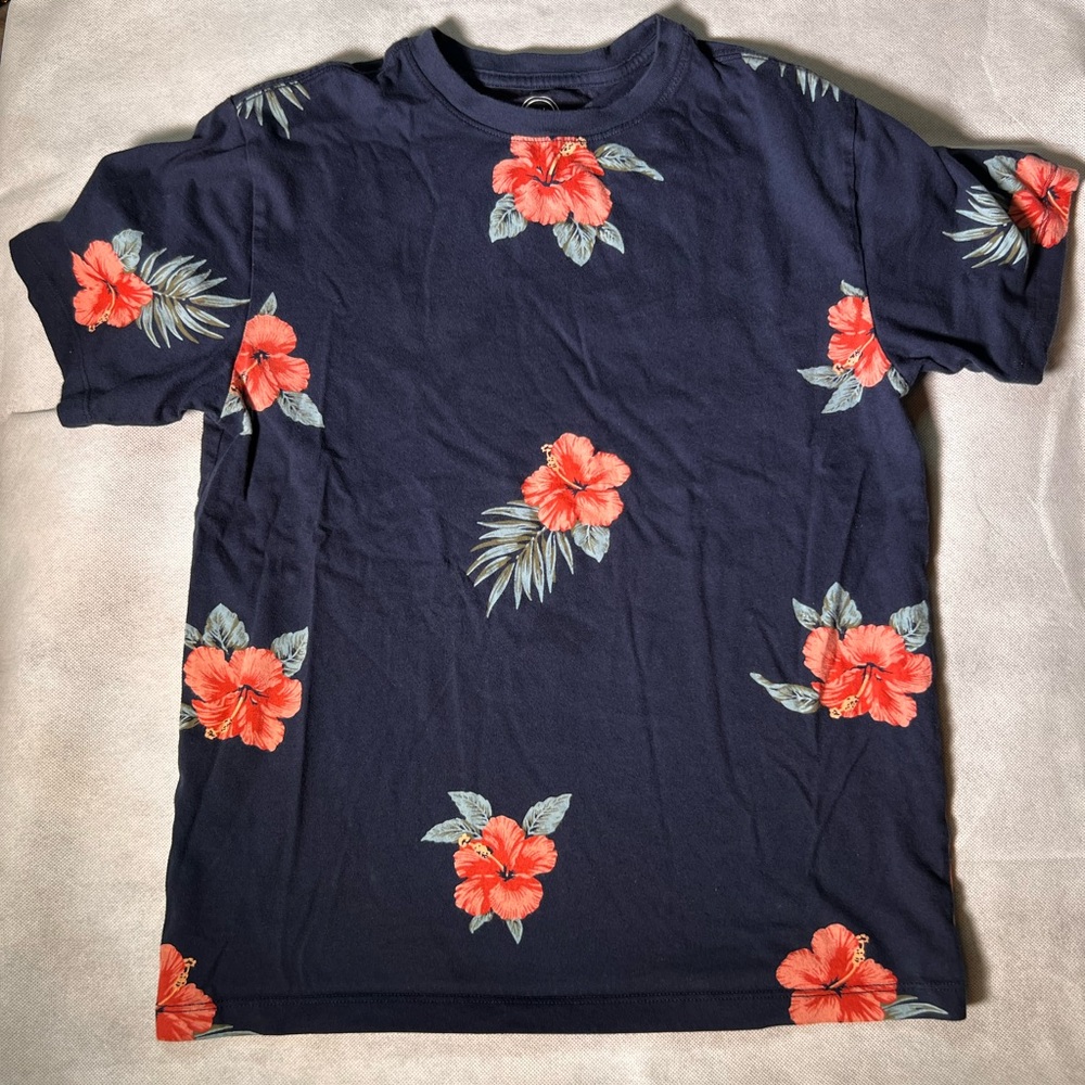 Boys Short Sleeve Blue Hibiscus Flower Shirt Size Large (10-12)